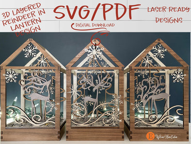 Reindeer lantern SVG laser cut files - Project for Glowforge - Mantle centerpiece decor - Winter themed Christmas SVG PDF instant download - Welcome Home Custom