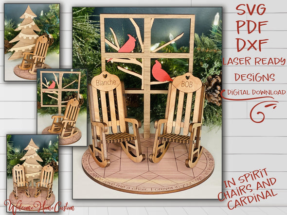 Rocking Chair Memorial File Set - Christmas tree and Cardinal bundle - Laser Ready Design - Welcome Home Custom