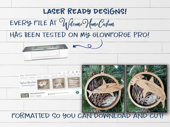 Shark Ornament laser cut files - Reef Shark and Hammerhead bundle for Glowforge - PDF SVG DXF - Digital File Download - for Laser Cutters - Welcome Home Custom