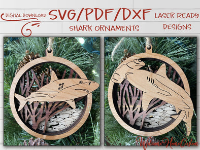 Shark Ornament laser cut files - Reef Shark and Hammerhead bundle for Glowforge - PDF SVG DXF - Digital File Download - for Laser Cutters - Welcome Home Custom