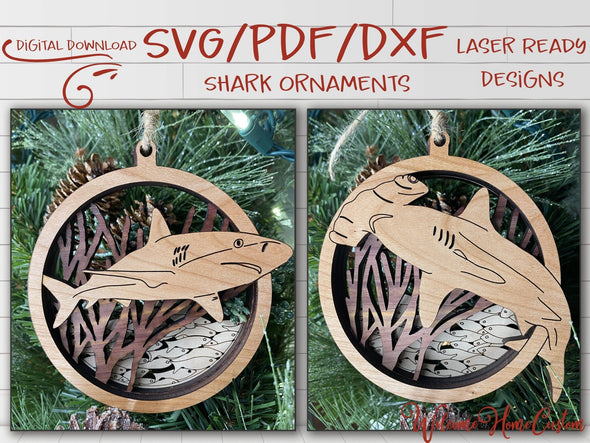 Shark Ornament laser cut files - Reef Shark and Hammerhead bundle for Glowforge - PDF SVG DXF - Digital File Download - for Laser Cutters - Welcome Home Custom