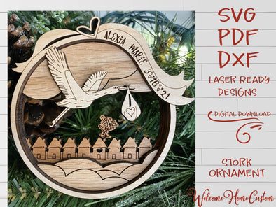 Stork Ornament SVG laser cut file - Birth Announcement Christmas Ornament Glowforge - Baby First Ornament - Digital File Download PDF DXF - Welcome Home Custom