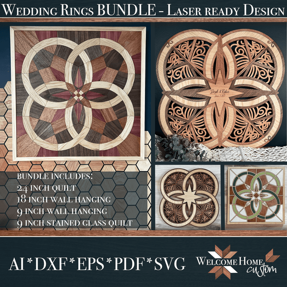 Wedding Rings BIG Bundle with Quilt, DIY Quilt, 18 inch and 9 inch wall hanging laser cut files - Welcome Home Custom